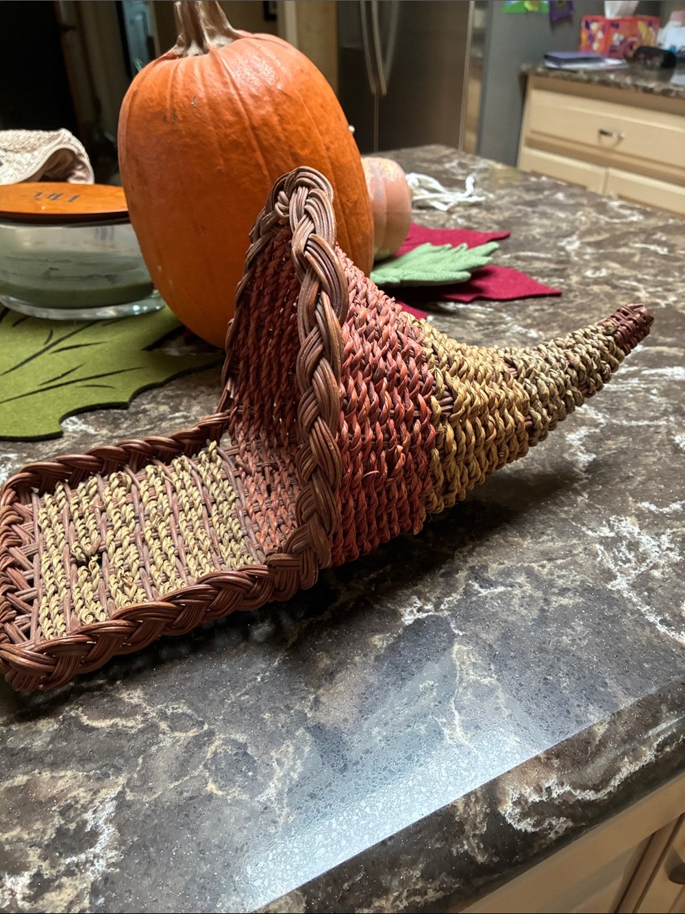 Handwoven Autumn Cornucopia Basket - Multicolor Rust & Tan